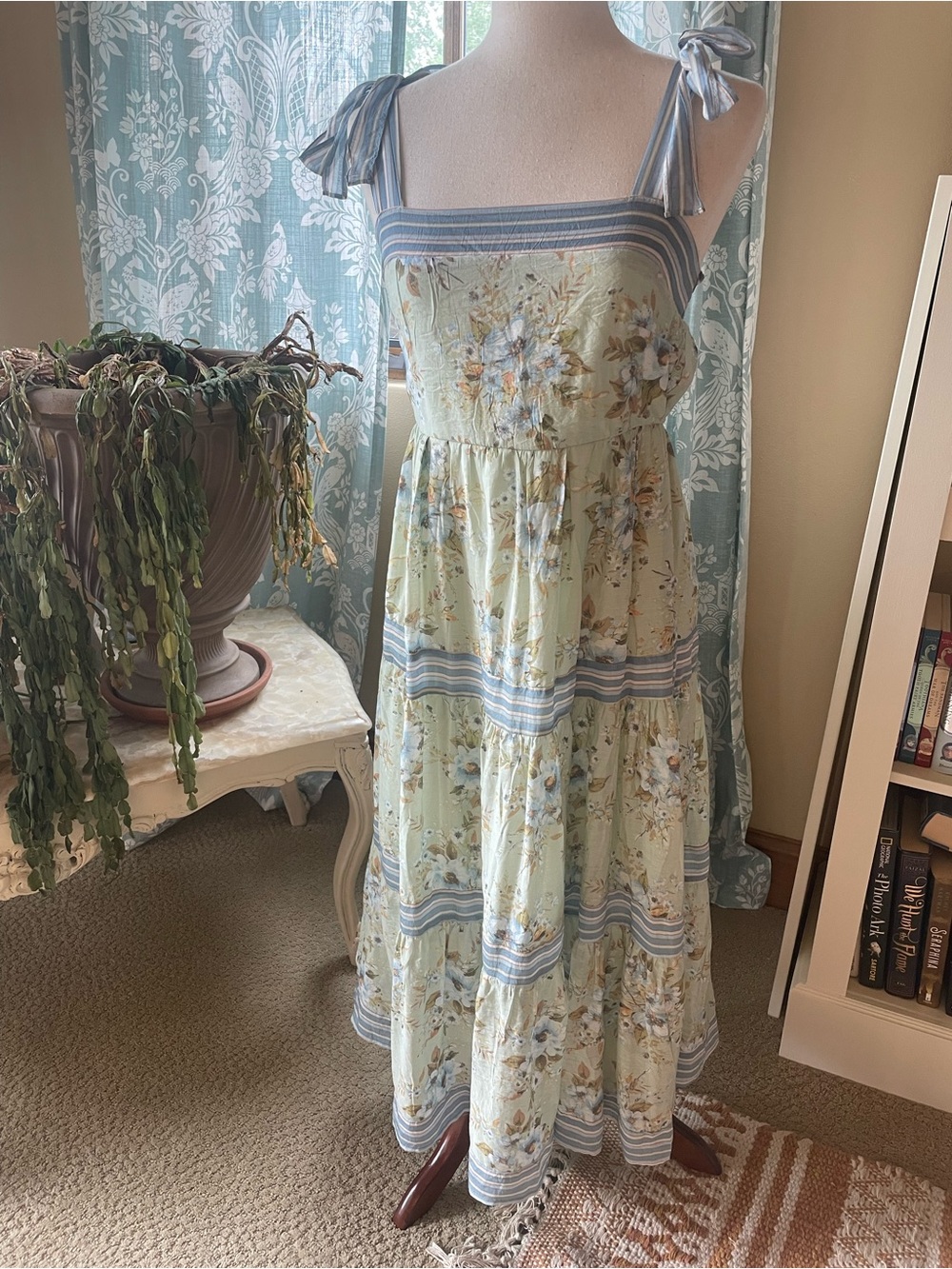 boutique blue and green vintage floral print cottagecore maxi tiered dress